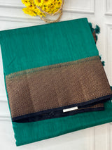 Jute silk sarees with contrast pallu & blouse MJL324 Teal to darkblue