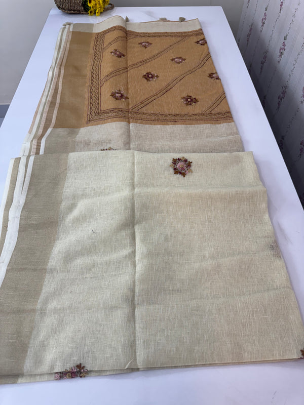 Linen saree with French knots and kanta embriodery MS94311