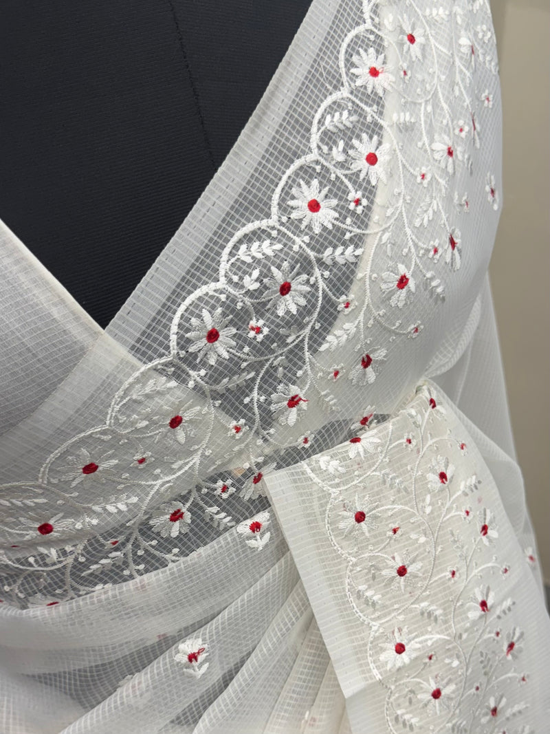 Kota silk embroidery saree MCKS561 White & Red