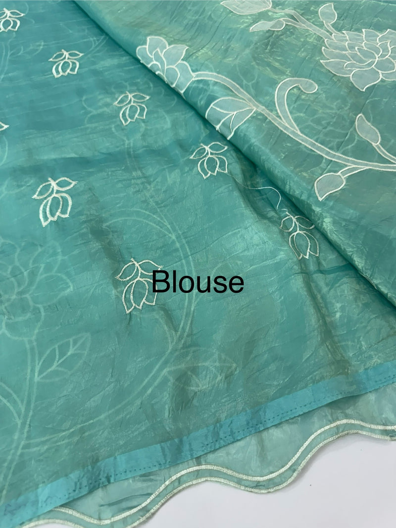 Crush Organza Applique work saree MS14987- Blue
