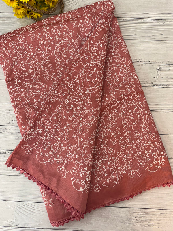 Art silk saree with white thread embroidery SVTS28- Peach
