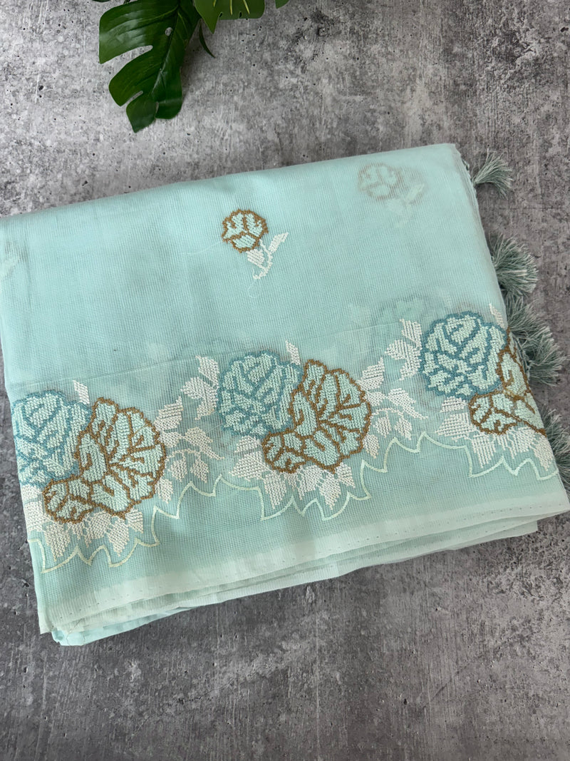 Supernet saree with cross stitch embroidery MSH116 - LightBlue