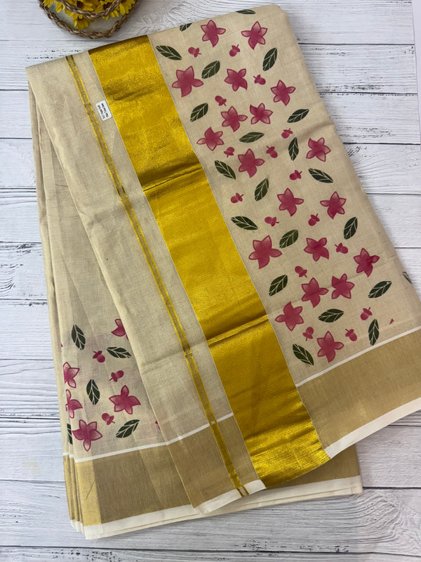 Kerala tissue saree - Pink flowers