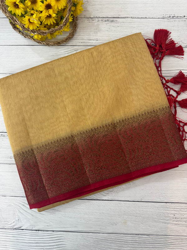 Jute silk sarees with contrast pallu & blouse MJL396 -DarkBeige to Red