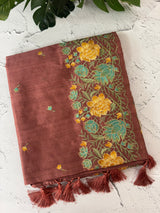 Crushed Blended tussar silk saree with embroidery- SNFCYEY BrownyPeach