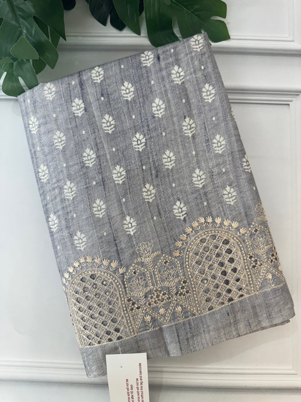 Cutwork blended tussar saree SNFNICY Pastel BluishGrey