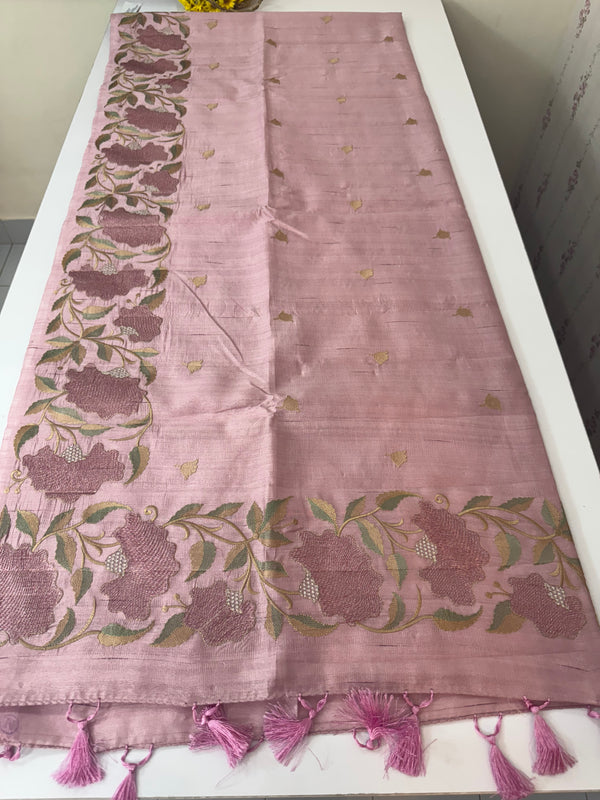 Crushed Blended tussar silk saree with embroidery- SNFCYEY- DuskyOnion Pink