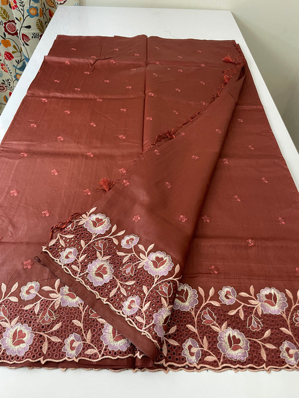 Cutwork semi tussar saree MCTT218 BRICK BROWN