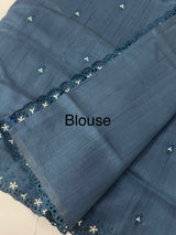 Blended tussar saree with cutwork border- MSHK268 MidnightBlue