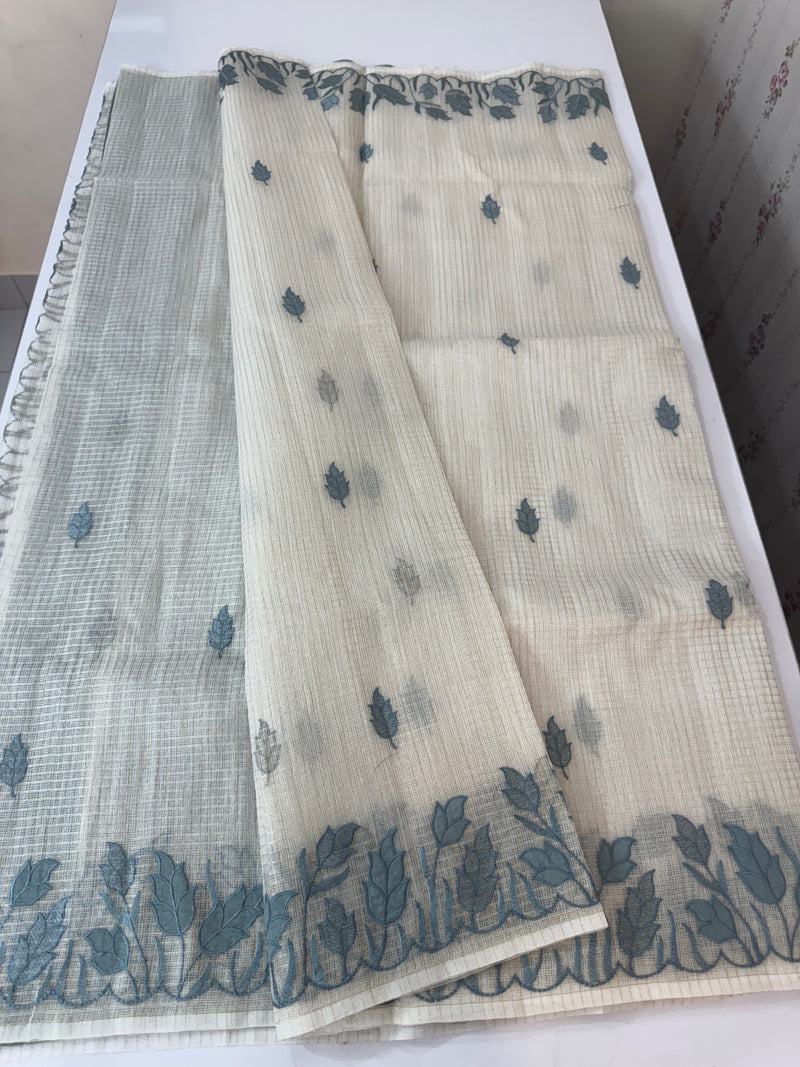 Tissue silk saree with zari checks and applique work  MSH105- Offwhite to Grey
