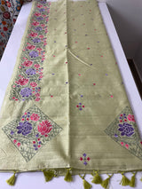 Crushed semi tussar silk saree with embroidery- SNFCYEY33 PastelGreen