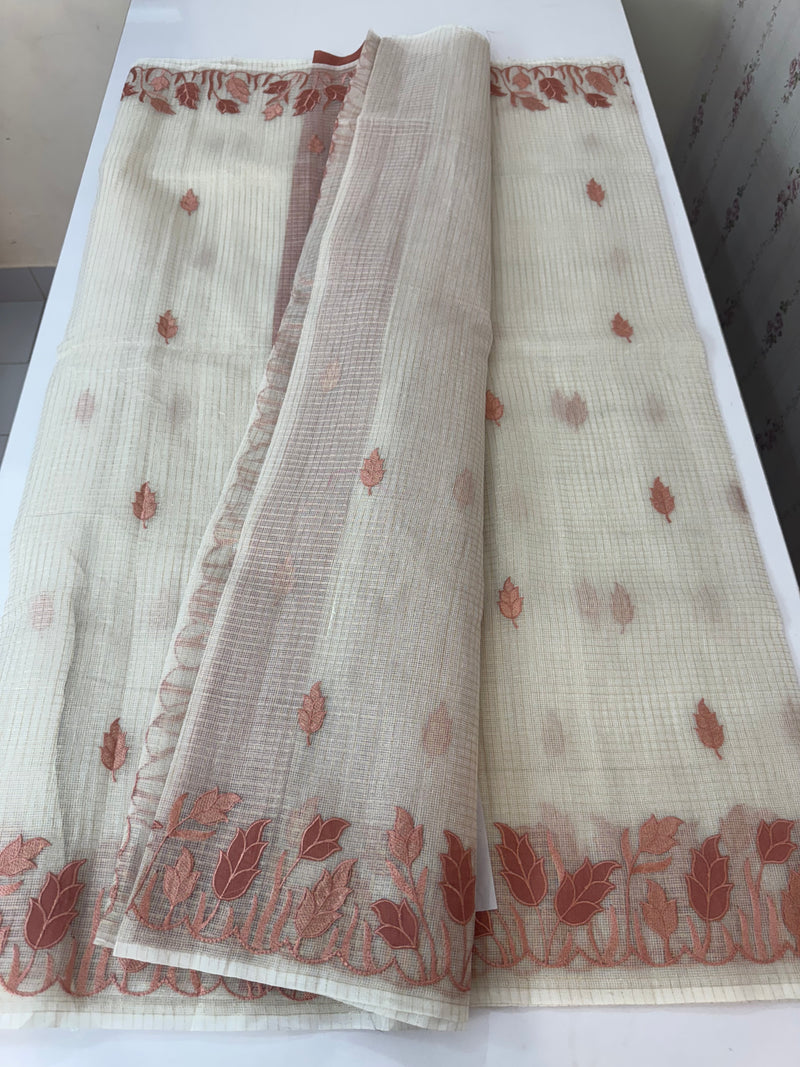 Tissue silk saree with zari checks and applique work  MSH105- Offwhite to DuskyPeach
