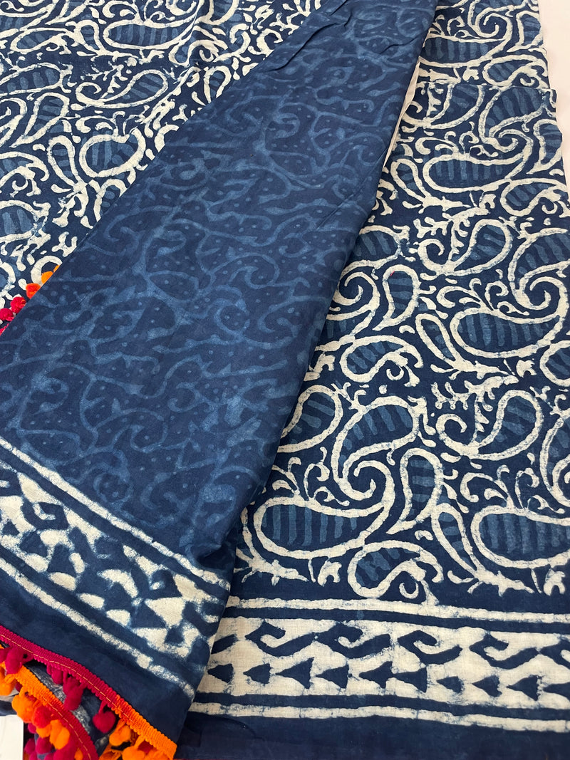 Pure mul cotton hand block printed saree SKSRMY