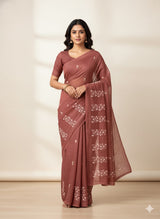 Kota checks saree with embroidery SVTS34 - Rusty darkpeach
