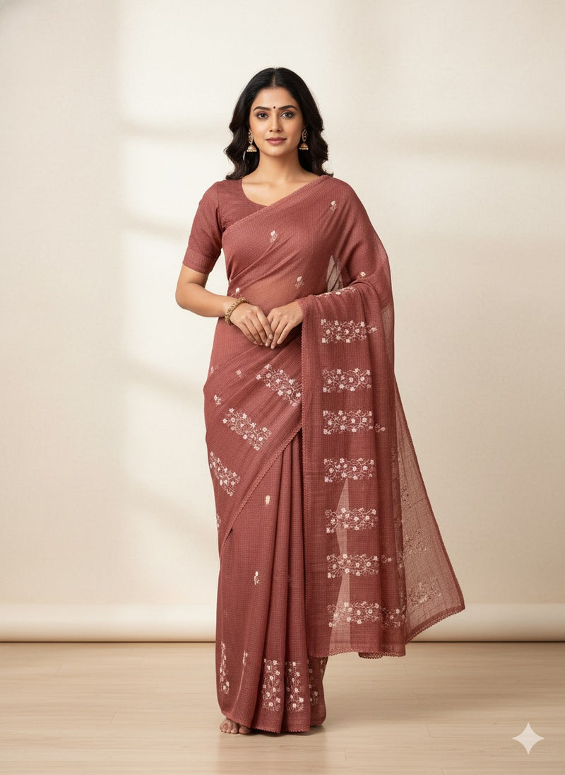 Kota checks saree with embroidery SVTS34 - Rusty darkpeach