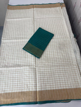 Linen cotton saree with antique zari checks MLS9766- Offwhite and RamaGreen