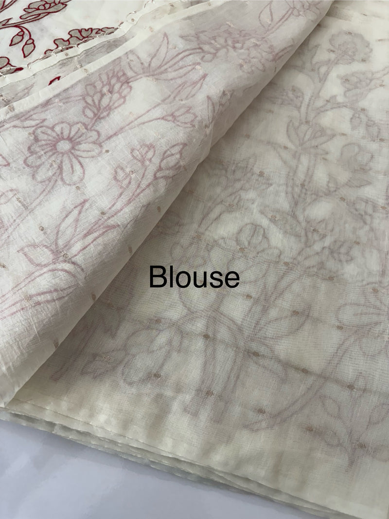 Mul chanderi applique work saree  MSH132 - Offwhite & Red