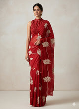 Organza saree with tissue applique work MK62 - Red