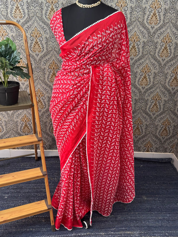 Hakoba kota embroidery saree  MSK887 Red & White