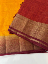 Jute silk sarees with contrast pallu & blouse MJL396- Mustard to maroonred