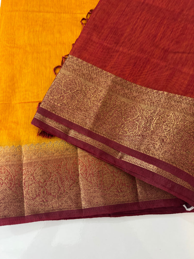 Jute silk sarees with contrast pallu & blouse MJL396- Mustard to maroonred