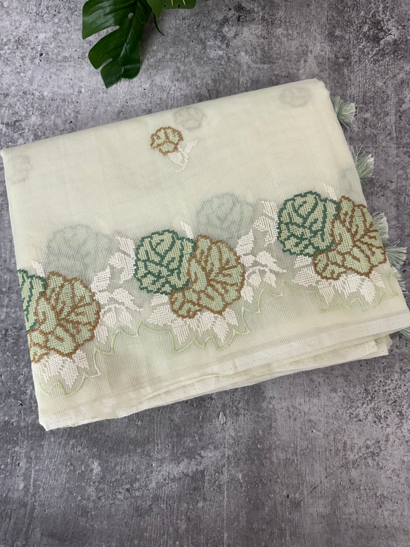 Supernet saree with cross stitch embroidery MSH116- PastelGreen