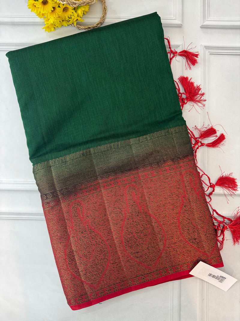 Jute silk sarees with contrast pallu & blouse MJL3412 BottleGreen to Red