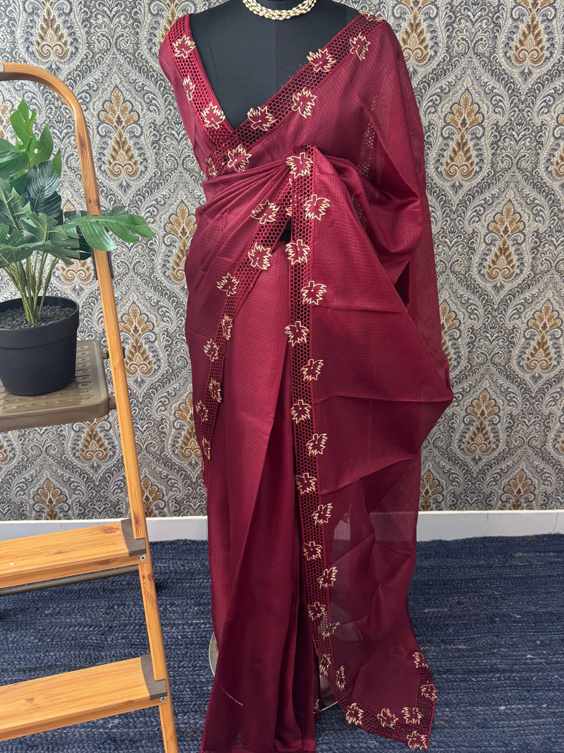 Kota checks saree with cutwork border MCBV39- Mauve