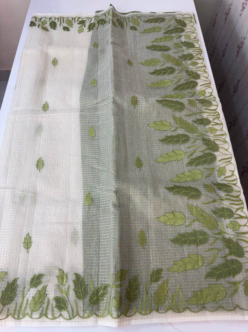 Tissue silk saree with zari checks and applique work  MSH105- Offwhite to Green