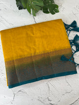 Jute silk sarees with contrast pallu & blouse MJL396 Mustard to Blue