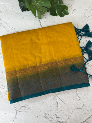 Jute silk sarees with contrast pallu & blouse MJL396 Mustard to Blue
