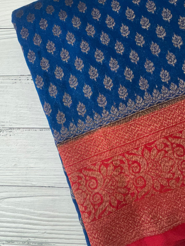 Banarasi viscose Georgette saree MKGS611- DeepSeaBlue to Red