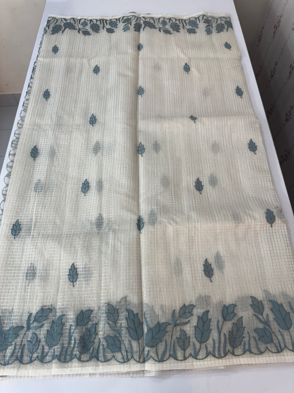 Tissue silk saree with zari checks and applique work  MSH105- Offwhite to Grey