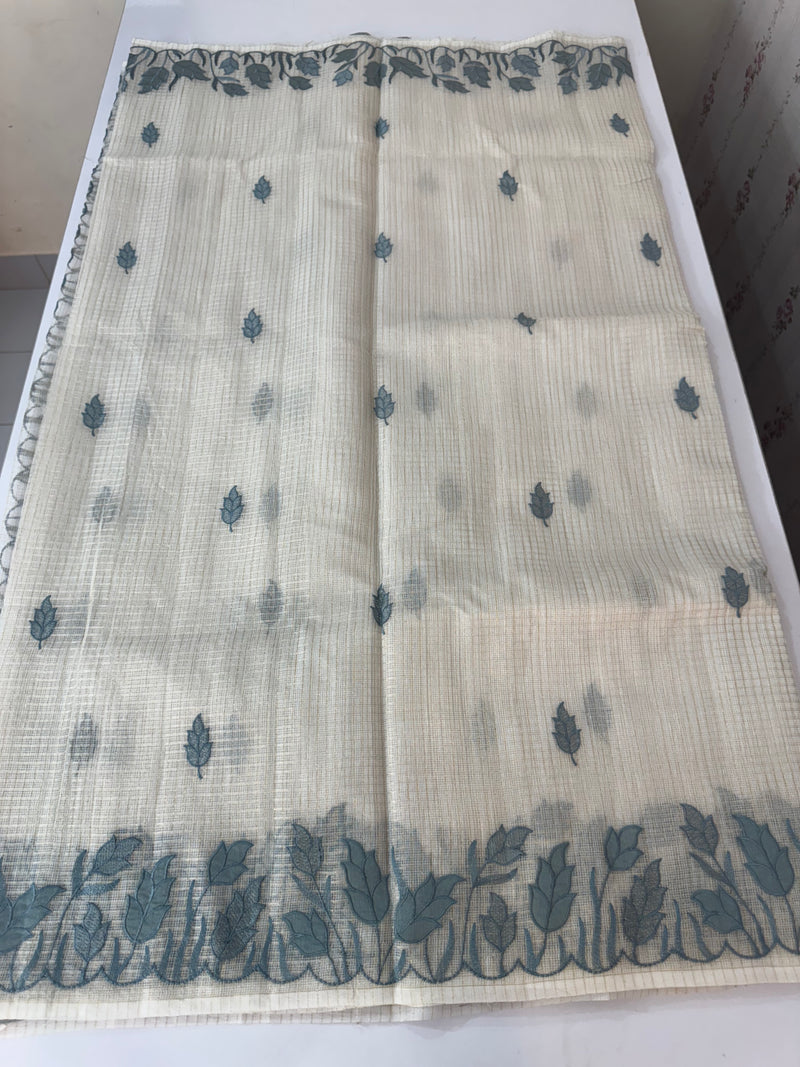 Tissue silk saree with zari checks and applique work  MSH105- Offwhite to Grey