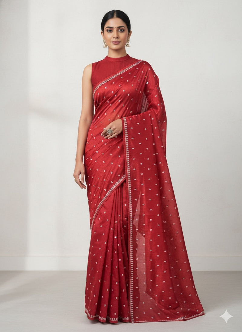 Blended tussar saree with embriodery - MS14401 DeepRed and White