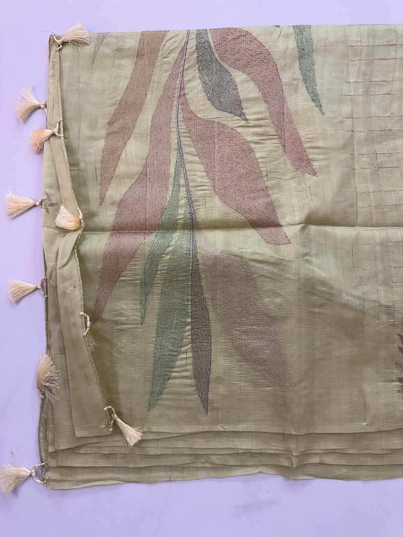 Crushed Blended tussar silk saree with embroidery- SNFCYEY Pastel PistaGreen