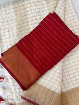 Linen-cotton checks saree with zari border MLS9766- RED