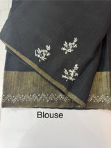 Jute silk saree with hand kanta work FBLK166 Black