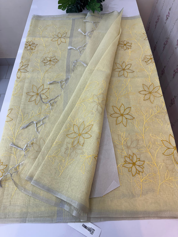 Tissue Linen Saree with embroidery MRS786- Pastel Yellow