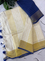 Linen-cotton checks saree with zari border MLS9766- RoyalBlue