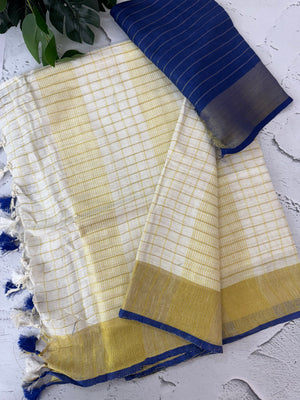 Linen- slub cotton checks saree with zari border MLS9766- RoyalBlue
