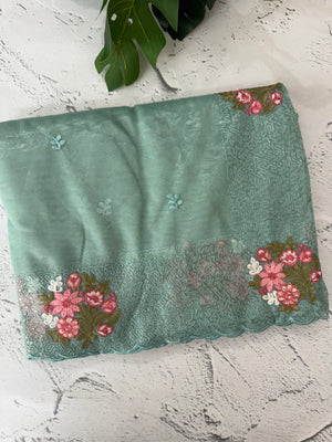 Glass tissue organza saree with embroidery MSF125 BlueGreen