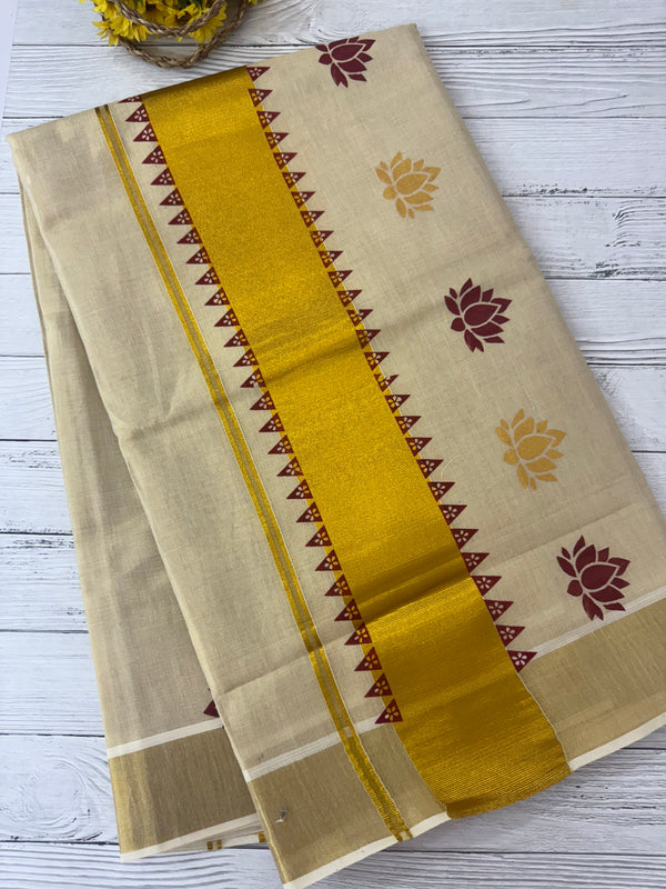 Kerala Lotus printed tissue saree- Maroon
