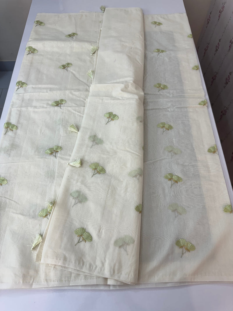 Mul chanderi saree with embriodery MSH114- Green flowers