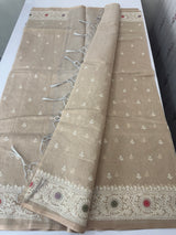 Tissue linen saree with embroidery MTL451 Chiku