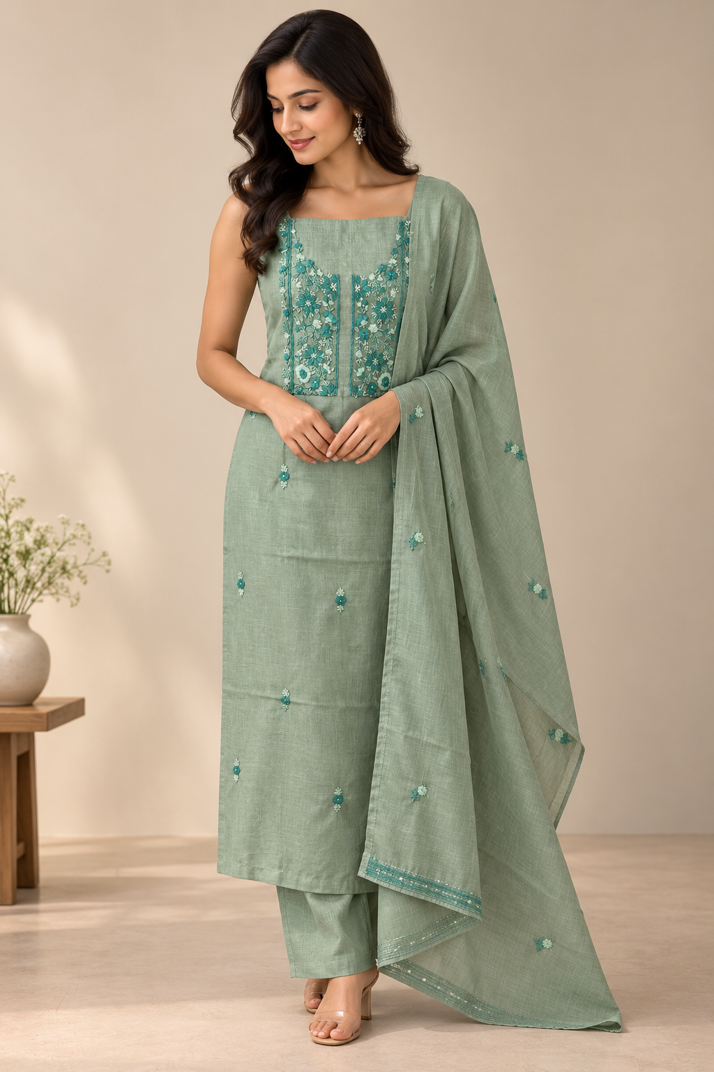 Unstitched Handworked Chanderi suit Set with kanta work- MK269