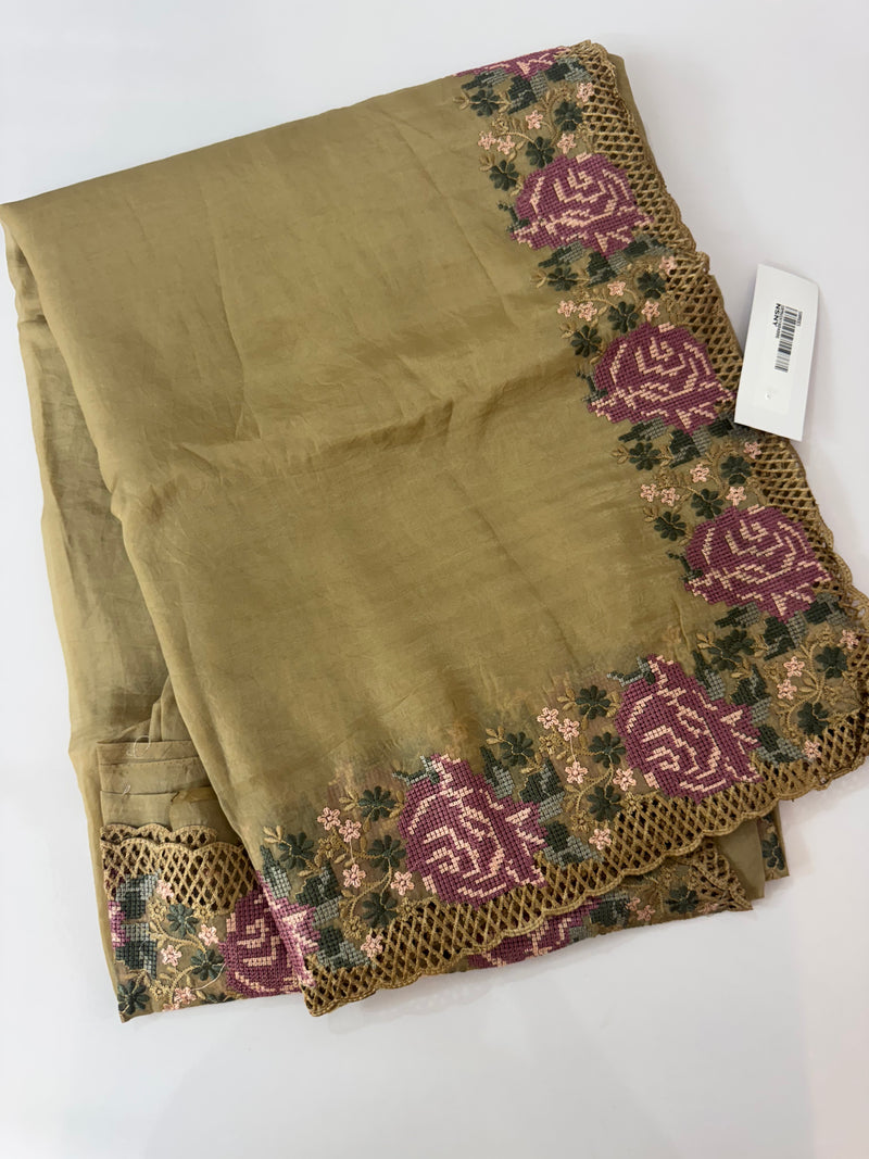 Crush Organza cutwork & embroidery saree MS7544- DarkBeige