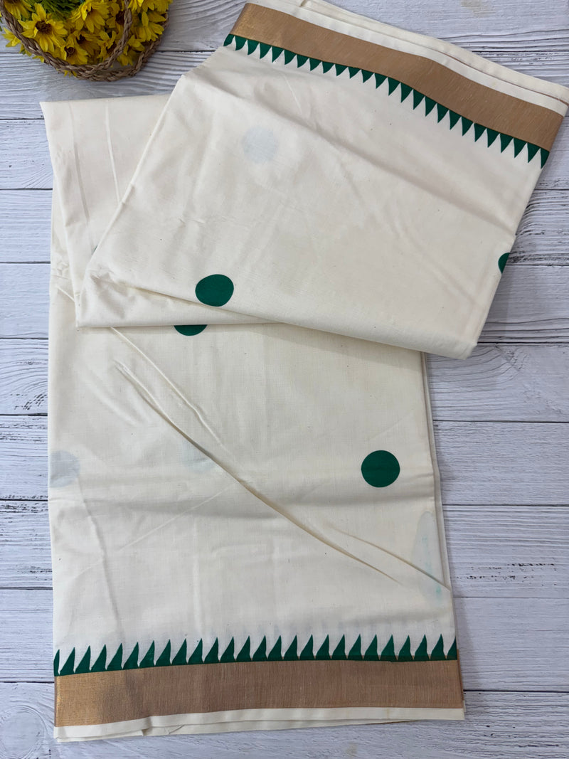 Kerala cotton saree - Green Polka dots