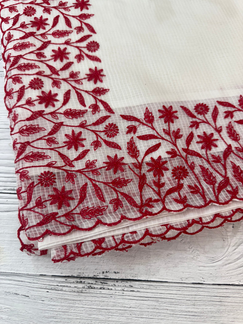 Kota silk saree with embroidery MSB643 White & Red