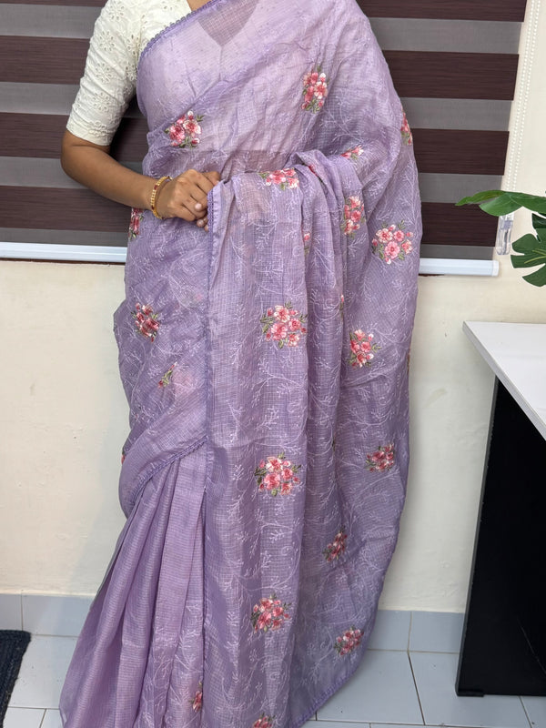 Soft kota checks saree with embroidery - SVPIRR Lavender